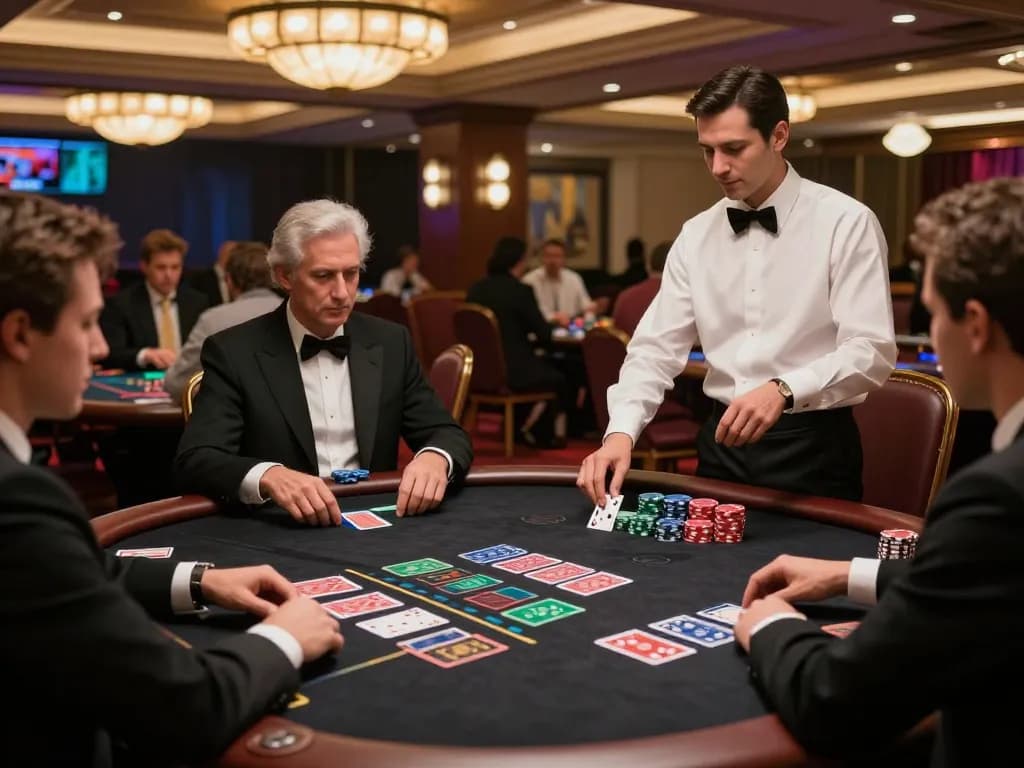FC88 players strategizing during an intense blackjack game in a luxurious casino setting.