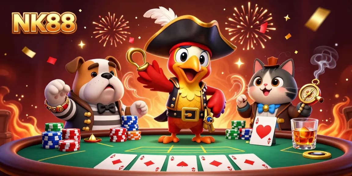 Experience the thrill of winning at NK88 with a vibrant scene of pirates and a poker table.