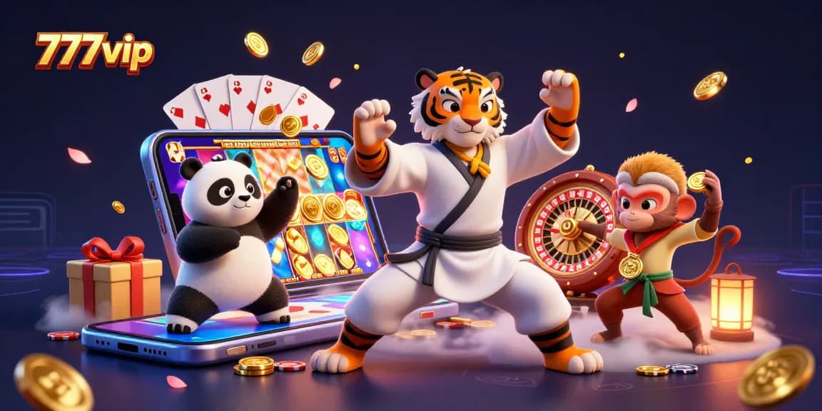 Experience the thrill of 777vip gaming with a vibrant scene featuring a kung fu tiger master amidst dynamic casino elements.