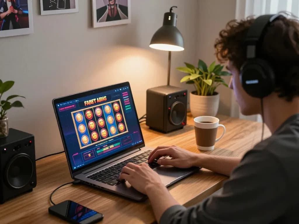 Player enjoying fabet slots on a laptop in a cozy home setup, highlighting the online gambling experience.