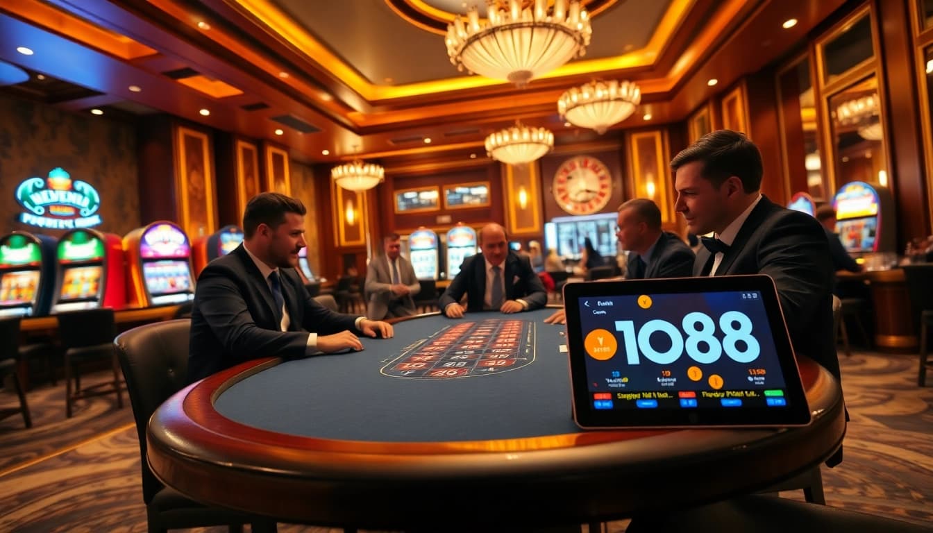 Experience excitement at iq88's luxurious casino scene with poker and slot machines.