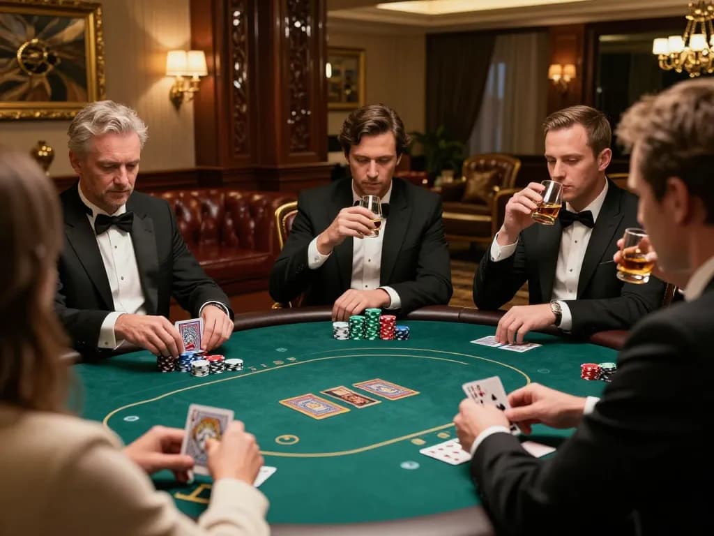 CM88 high-stakes poker players analyzing cards in an elegant room