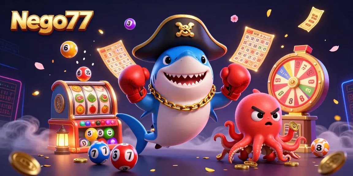 Experience thrilling action as nego77's pirate shark and friends play with vibrant slot game elements and gold coins.