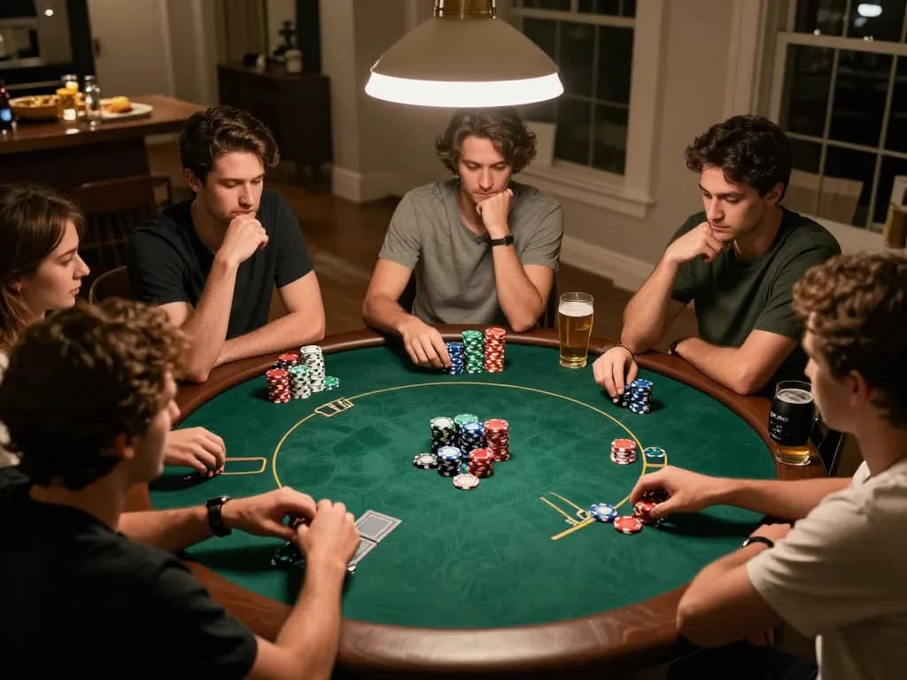 C168 players enjoying a lively home poker night, strategizing with colorful chips and snacks visible.