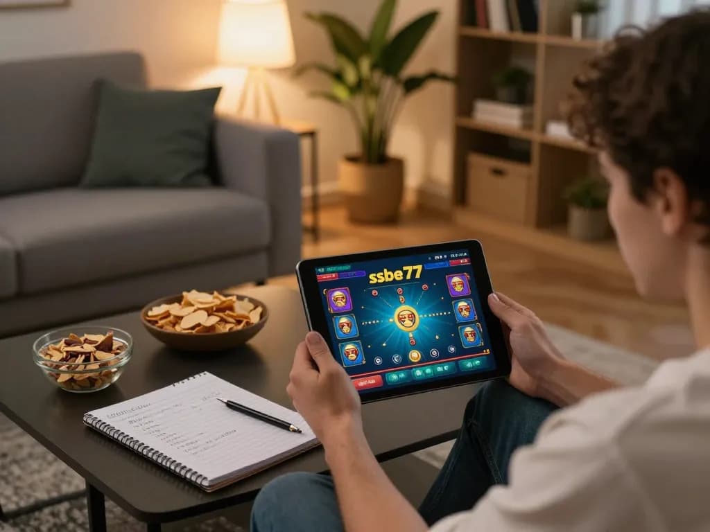 Player engaging with ssbet77 on tablet in a warm, inviting living room setting