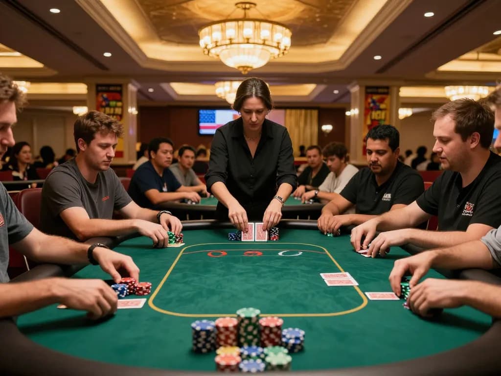 Players engaging in a high-stakes poker game at RED88 casino with colorful chips and intense focus
