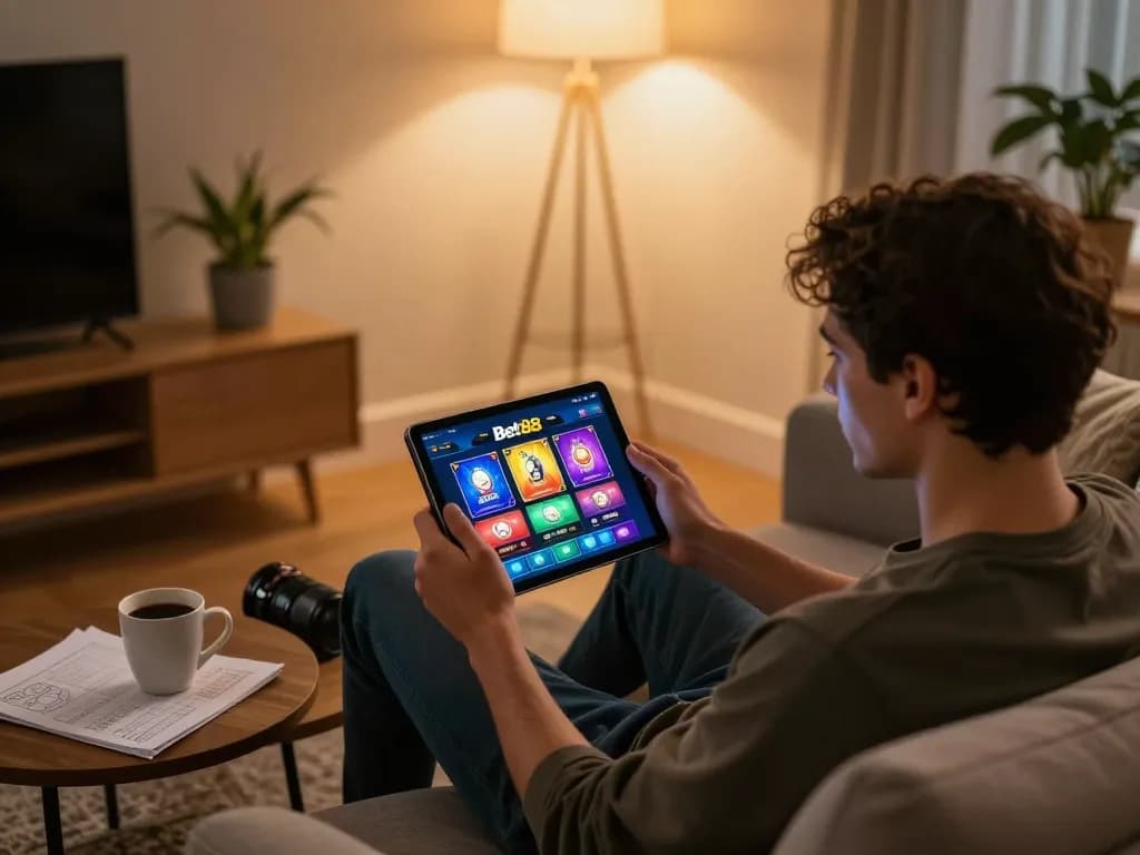 Player enjoys Bet88 gaming on tablet at cozy home setup, showcasing strategy notes and relaxed atmosphere