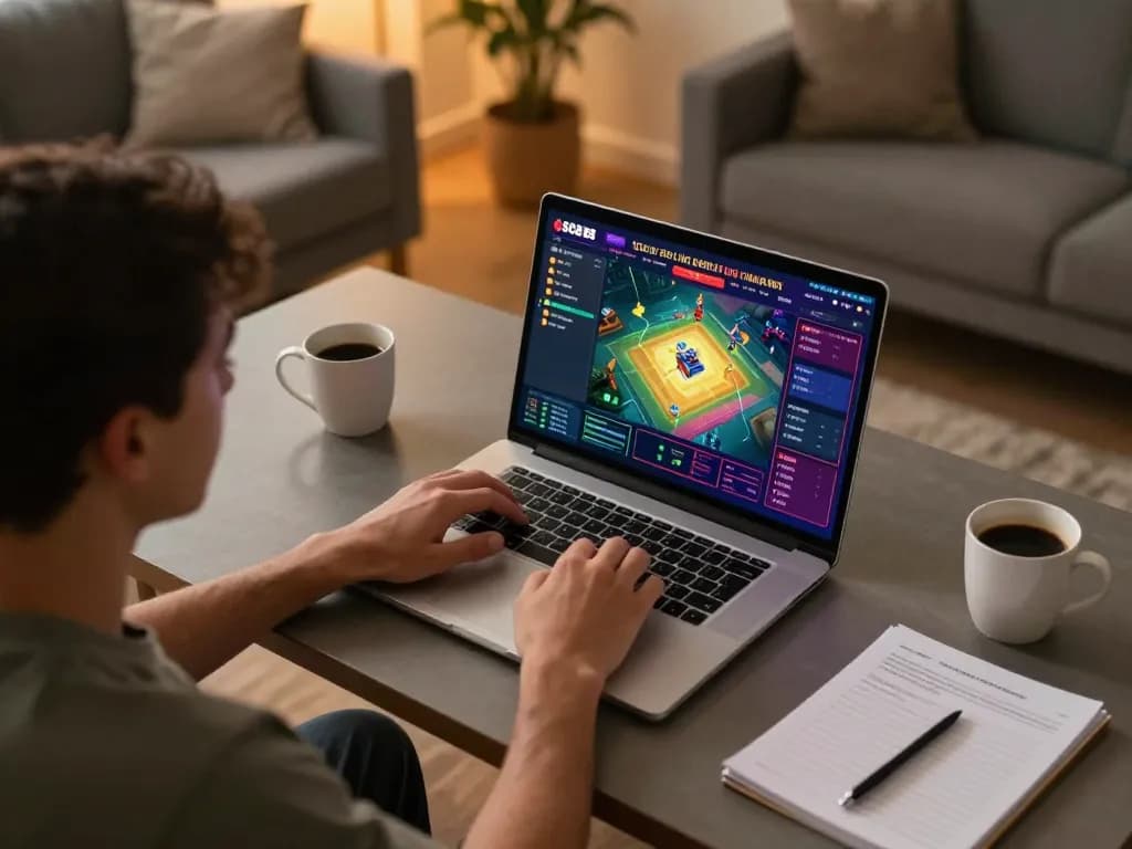 Engaged player enjoying SC88 BET online gaming on a laptop at home, showcasing strategy notes and warm atmosphere.