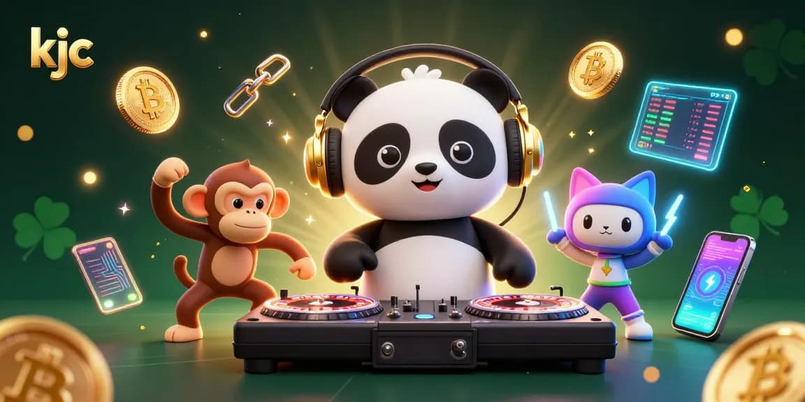 Experience the excitement at KJC with a DJ panda spinning roulette wheels among coins and vibrant characters.