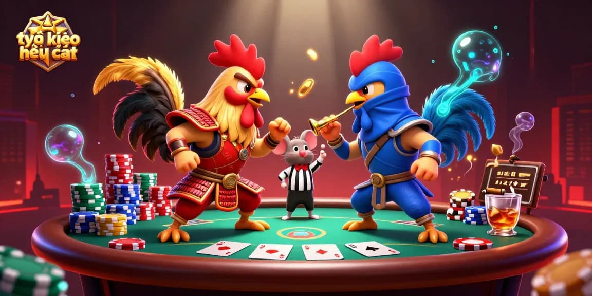 Engage in the excitement of tỷ lệ kèo nhà cái with iconic roosters battling in a vibrant casino setting.