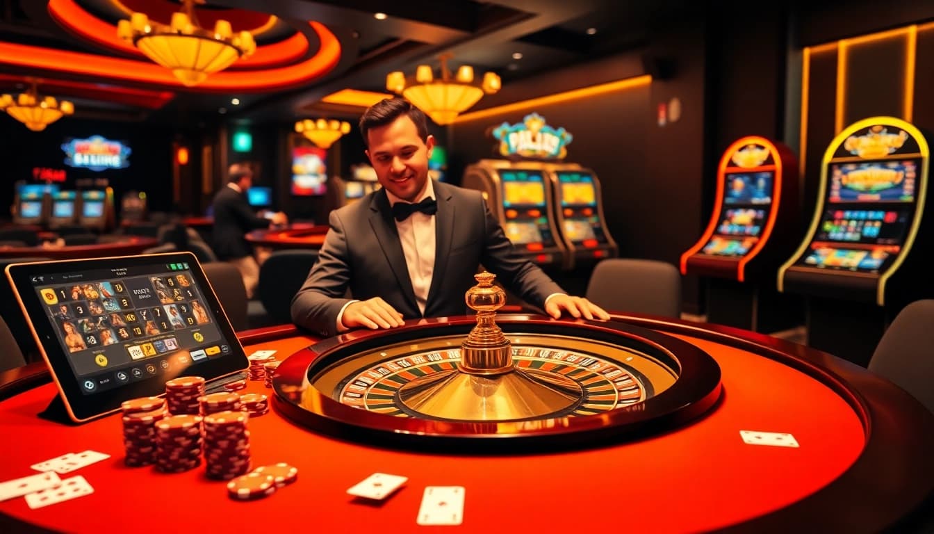 Intense gaming action at the JBO casino with vibrant roulette and poker elements