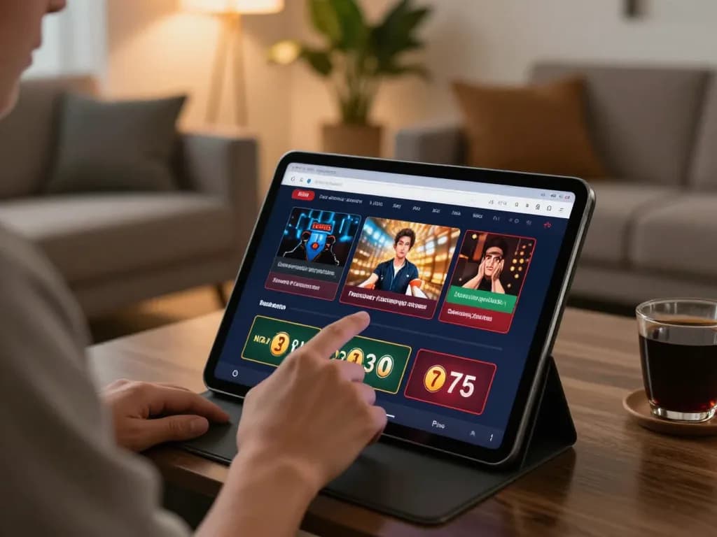 Engaged user playing at ManClub’s online casino on a cozy tablet setup.