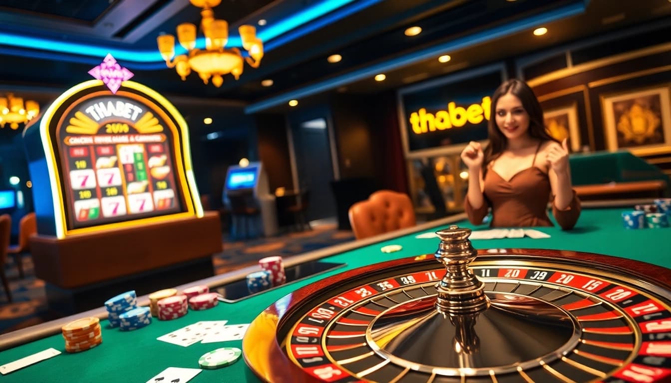 Thabet players celebrating wins at a luxurious casino table with vibrant poker chips.