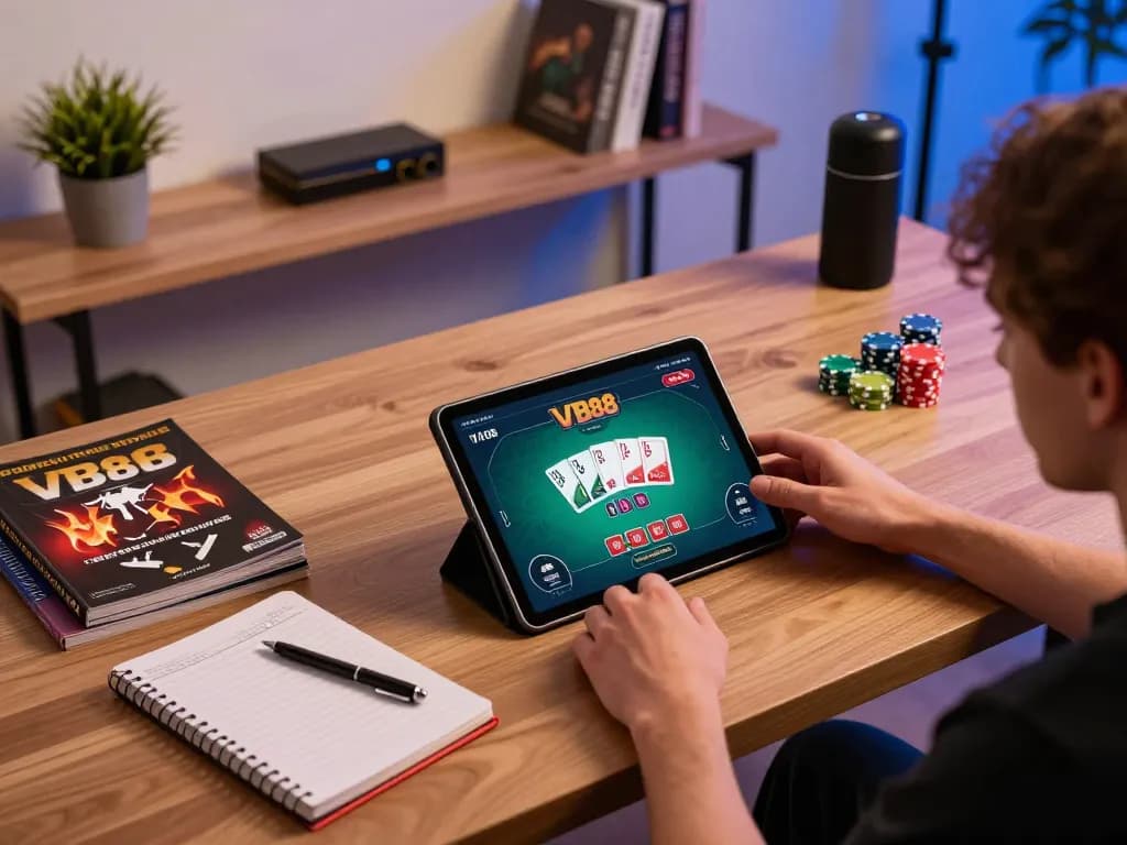 Player using VB88 poker app on tablet with organized gaming notes in cozy home setting.