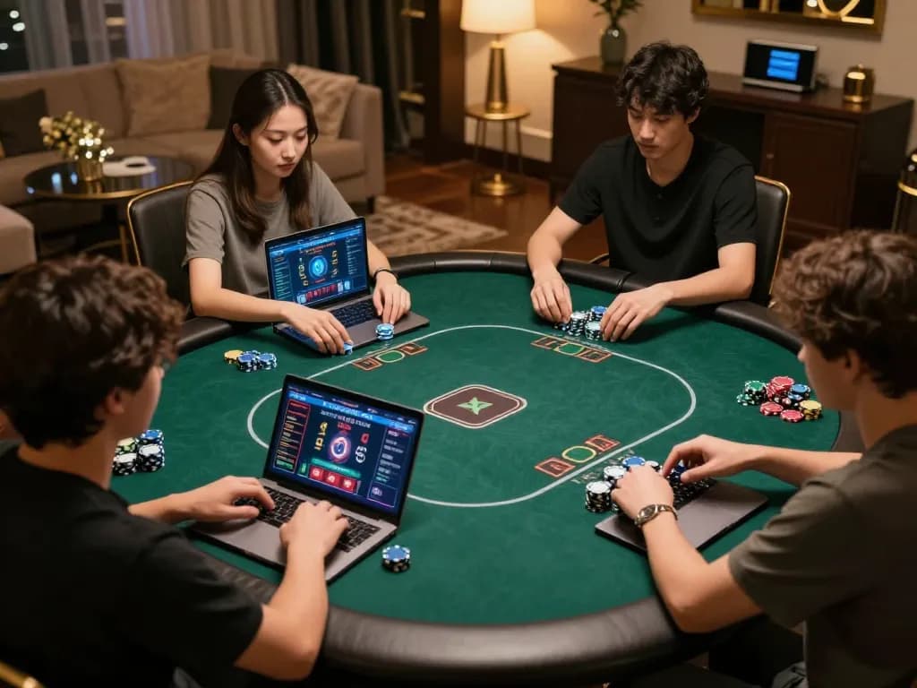 Players strategizing in an online go88 poker game, showcasing dynamic virtual interactions and cozy atmosphere
