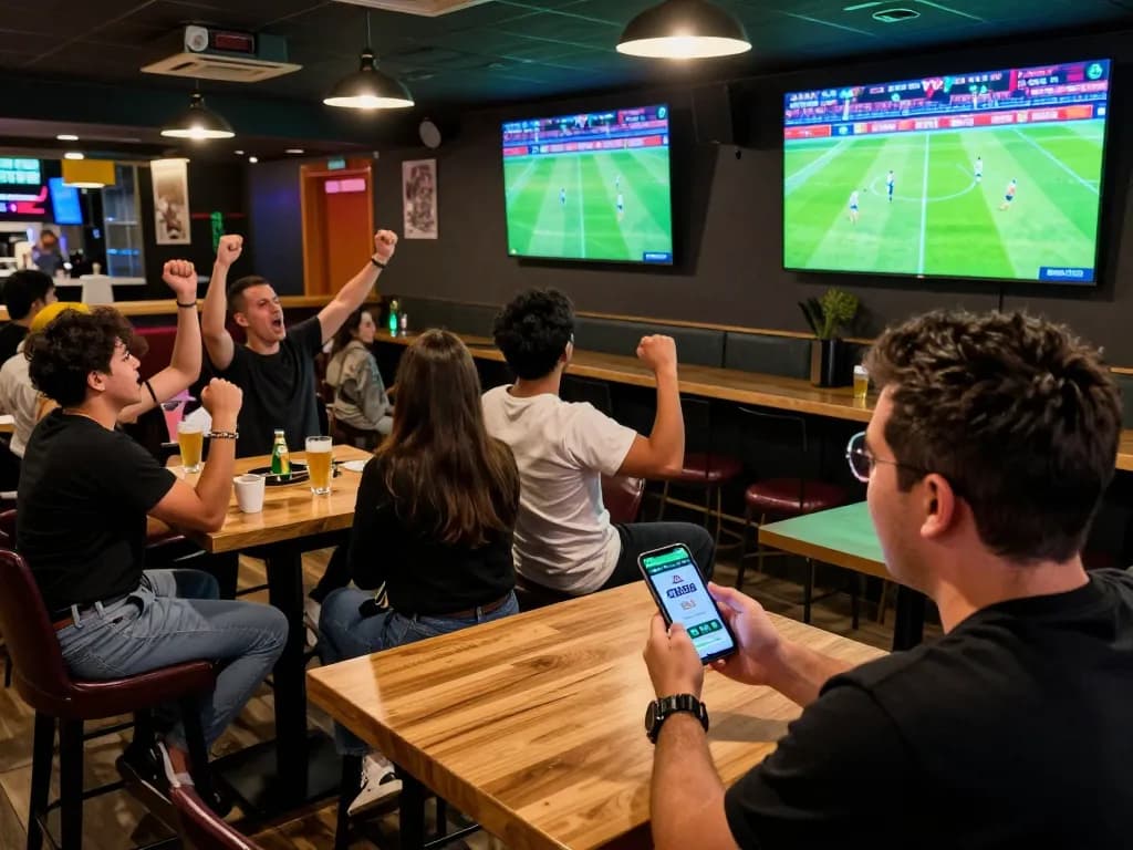 Individuals engaging in sports betting action using the CM88 app in an exciting sports bar environment.