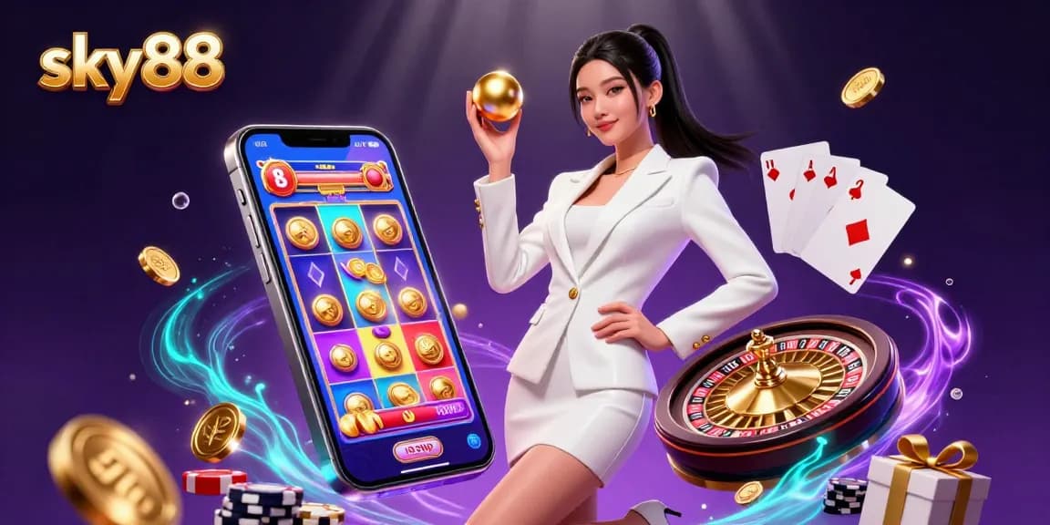 Experience thrilling gaming action with sky88's provocative casino artwork featuring vibrant elements and a stunning model.