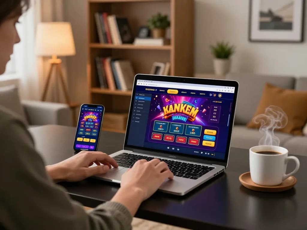 Engaged user on vipwin app, strategizing bets with modern home setup and warm lighting.