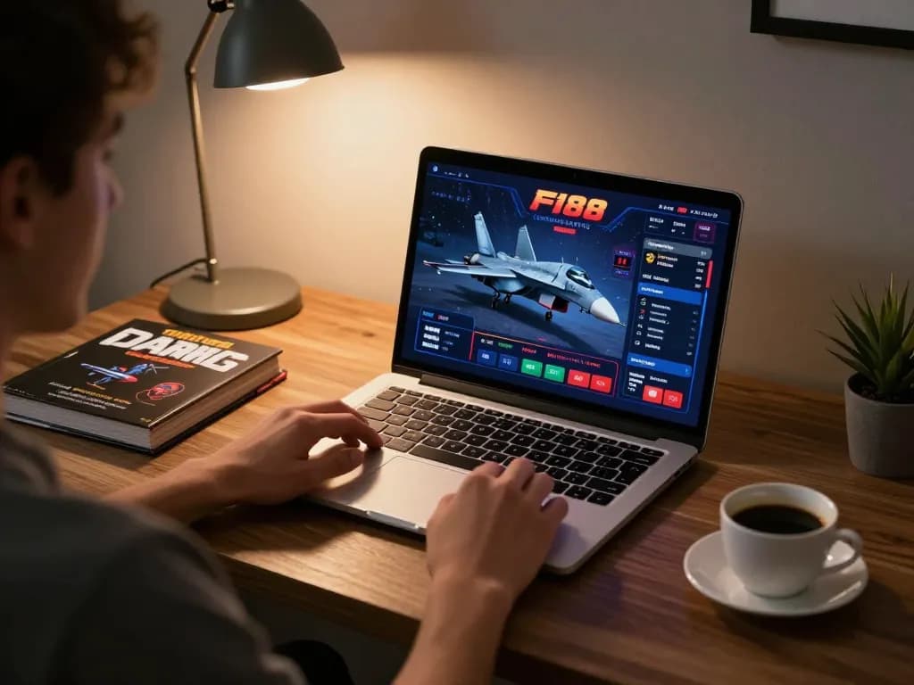 Engaging with F168 online casino from a stylish home workspace with gaming strategy materials.