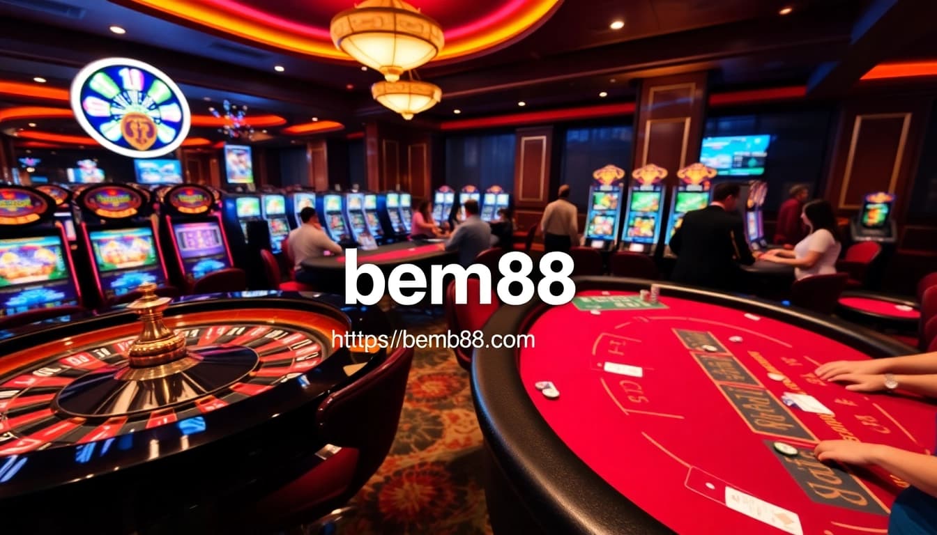 Win big at https://bem88.com with exciting casino tables featuring poker chips and vibrant slot machines.