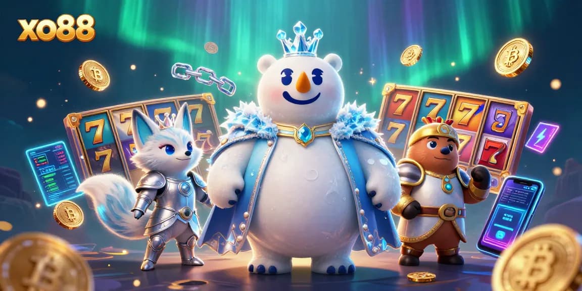 Spin the reels with xo88's vibrant slot game featuring a whimsical polar bear and fox.