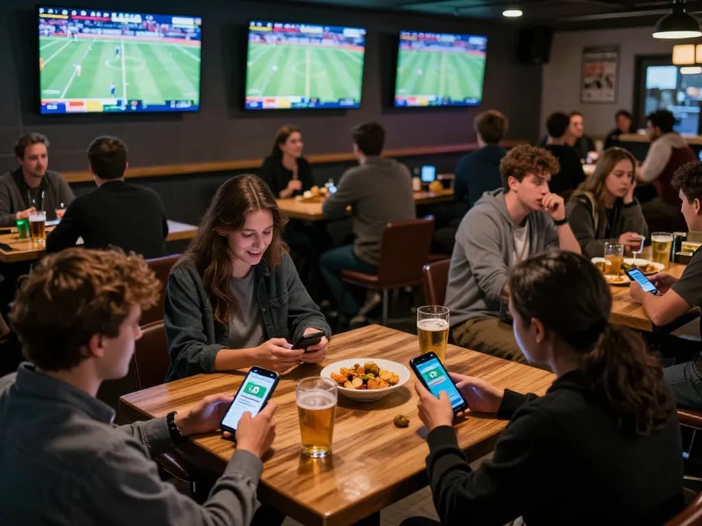 Betting enthusiast using FABET app at a sports bar during live games
