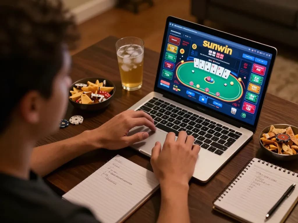 Engaging player enjoying sunwin online poker game on a laptop at home, showcasing strategic gameplay.