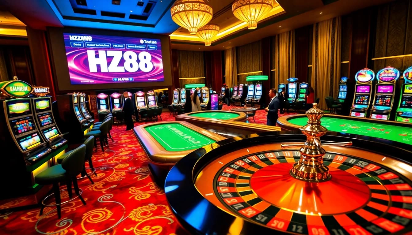 Experience thrilling gameplay at https://hz88.blue/ with vibrant casino visuals of roulette and slot machines.