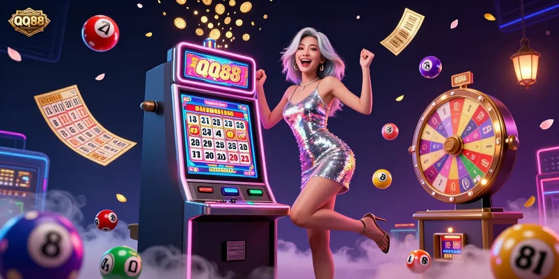 Experience the excitement of winning with QQ88's thrilling casino visuals filled with jackpots and vibrant elements.