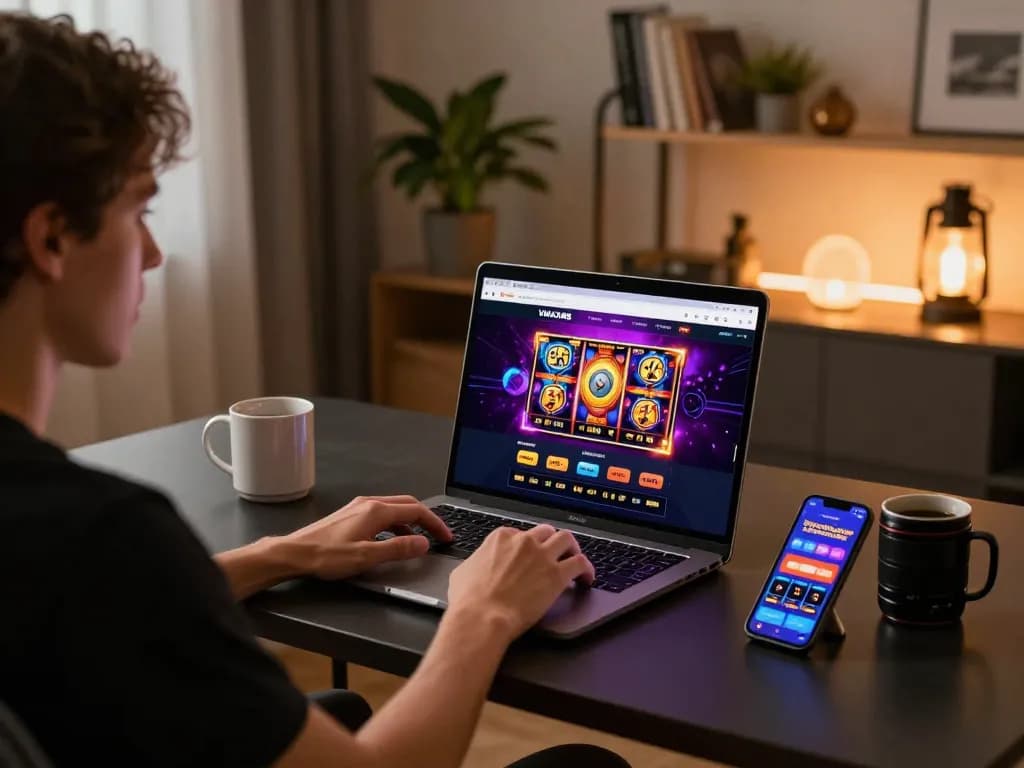 Engaged user at https://vmax88vip.com/ playing vibrant online slots on laptop in cozy setup.
