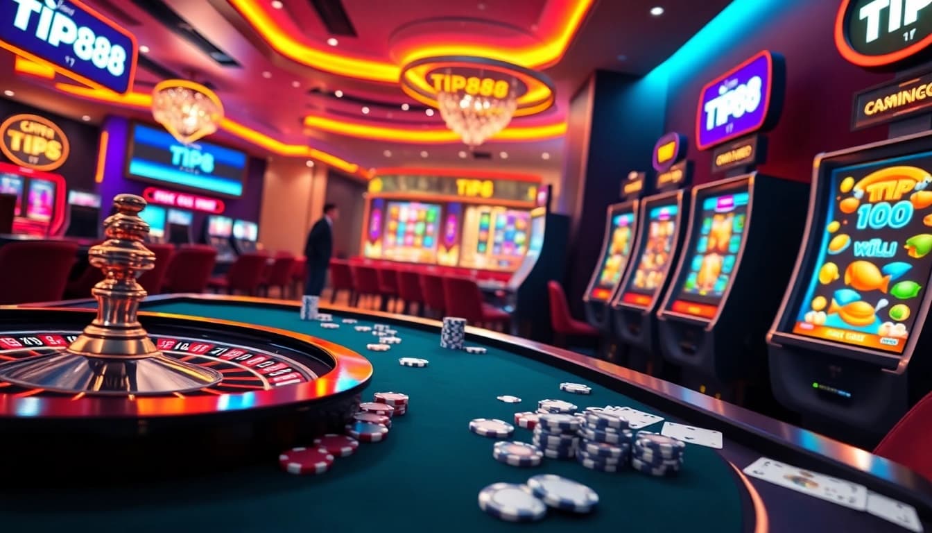 TIP88 vibrant online casino gaming scene with roulette and poker chips.
