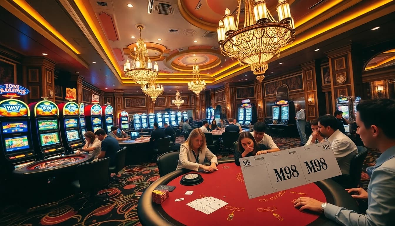 Exciting casino scene featuring M98 betting chips among players at glamorous tables.