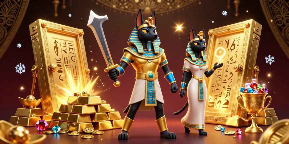 Engage in GVUI đá gà with a vibrant scene of Anubis and Bastet amidst treasures, embodying thrilling gambling.