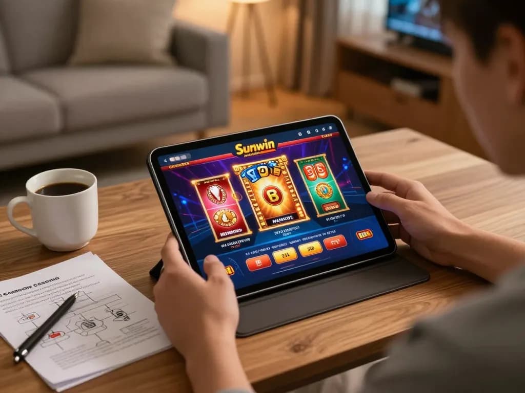 Engaging with Sunwin online casino on a tablet while enjoying a cozy home gaming setup.