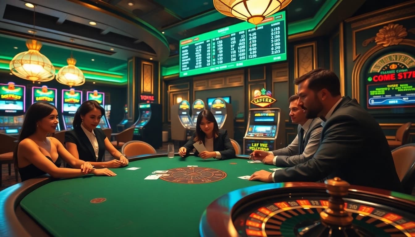 LODE88 players engaging in high-stakes poker at an elegant casino table with vibrant slot machines.