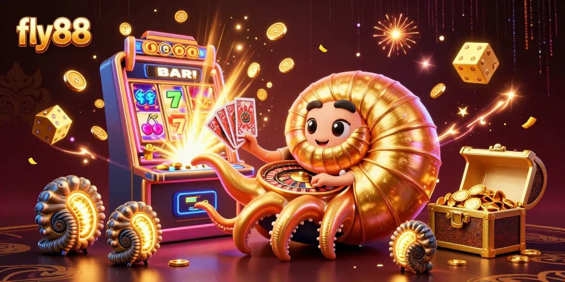 Win big with fly88 in this vibrant casino scene showcasing a glowing nautilus roulette wheel.