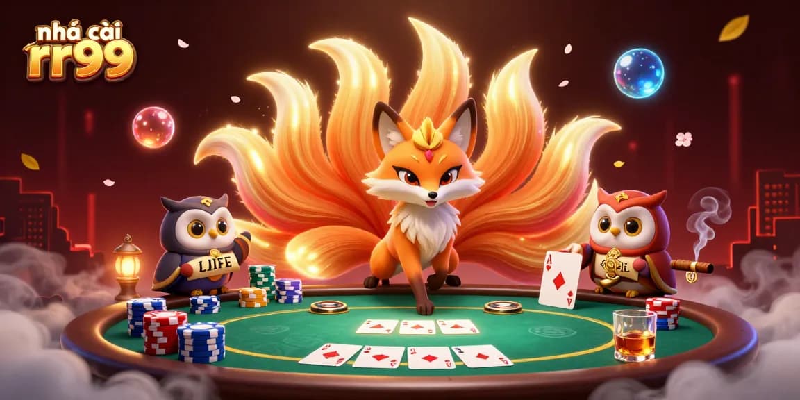 Play exciting games at nhà cái rr99 with vibrant characters enjoying poker in a mystical casino.