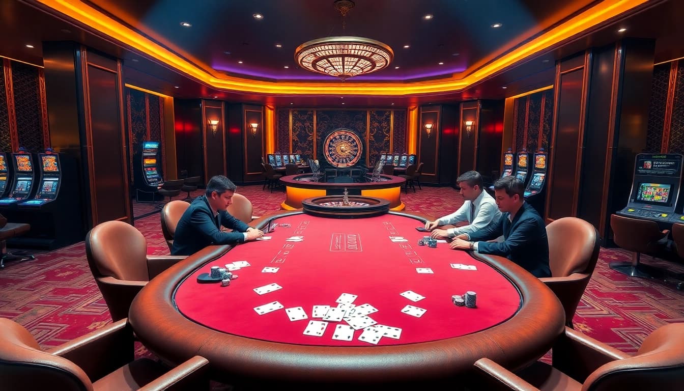 Experience the excitement of iq88 in a vibrant, luxurious casino setting with poker and roulette tables.