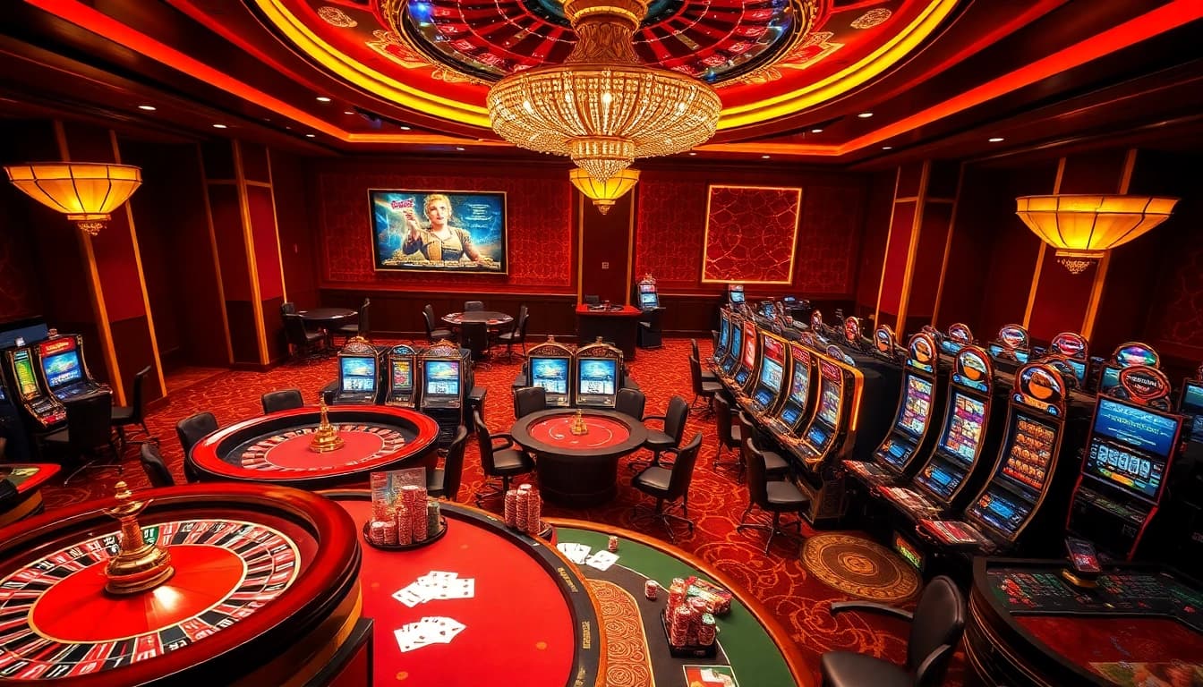 Experience the excitement of uu88 with players engaging in thrilling casino games amidst vibrant lights and stunning visuals.