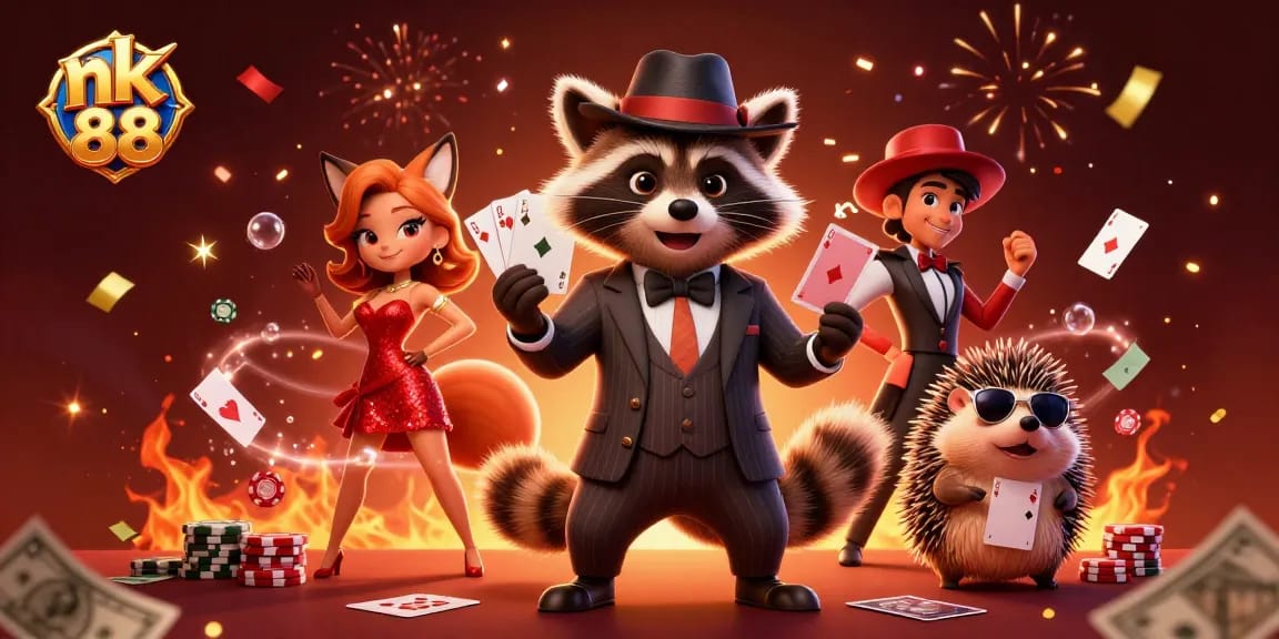 Experience excitement with nk 88 as the raccoon plays a royal flush at a vibrant casino scene.