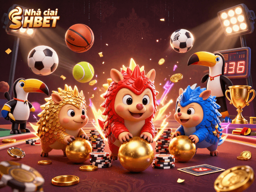 Nhà cái SHBET showcases engaging rival pangolins in a dynamic casino-themed illustration, representing excitement.