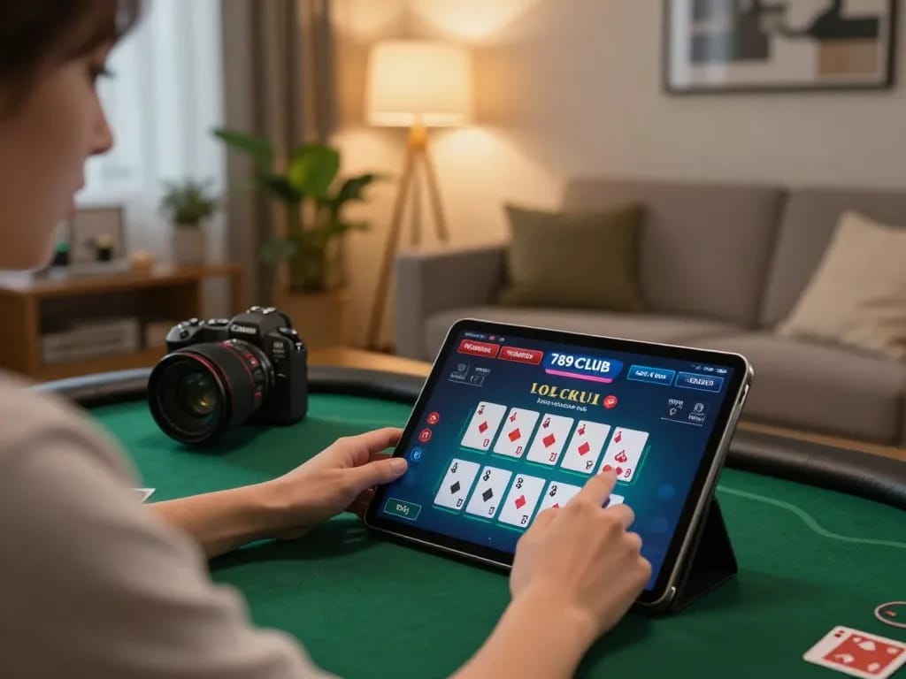 Engaged player enjoying the 789CLUB poker game on tablet in a cozy living room