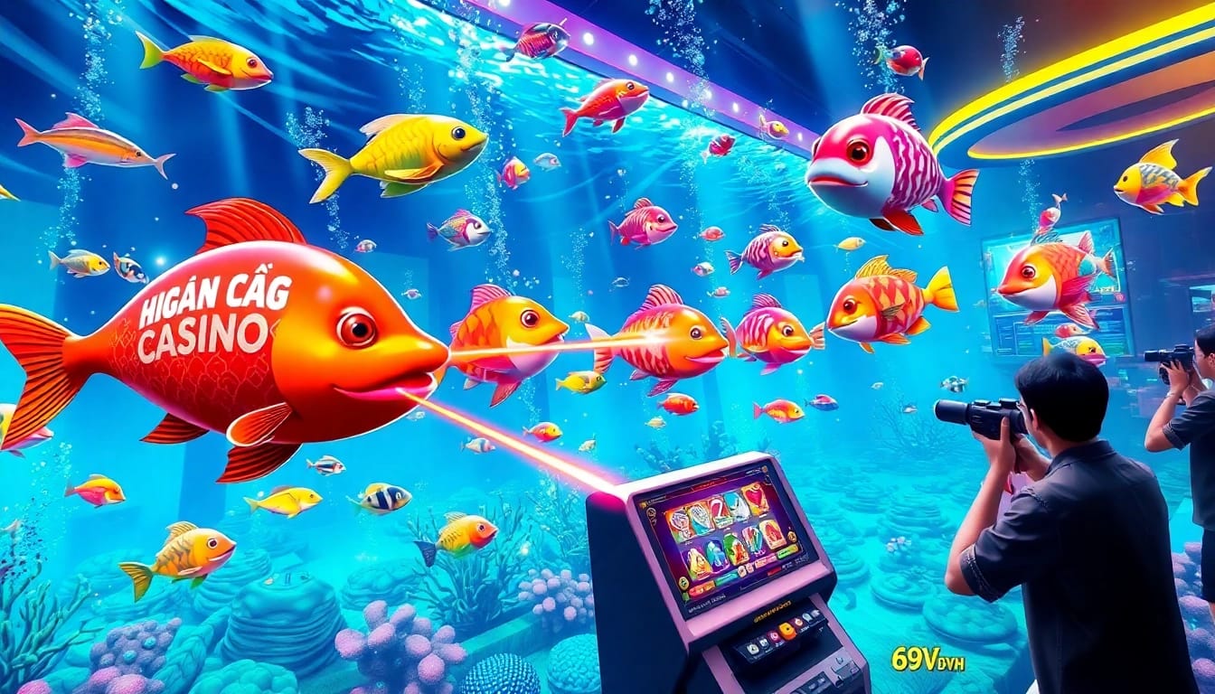 Bắn cá 69VN gameplay with players aiming at colorful fish in a lively underwater casino.