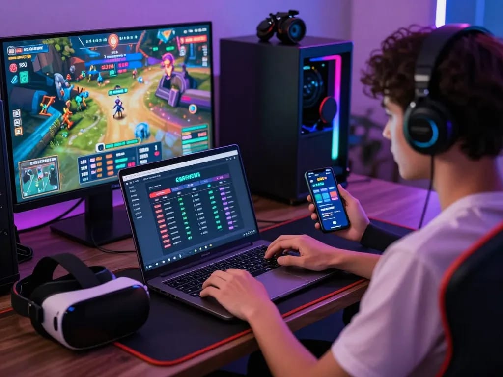 Exciting online gaming experience with SC88 platform on laptop, smartphone, and gaming accessories.