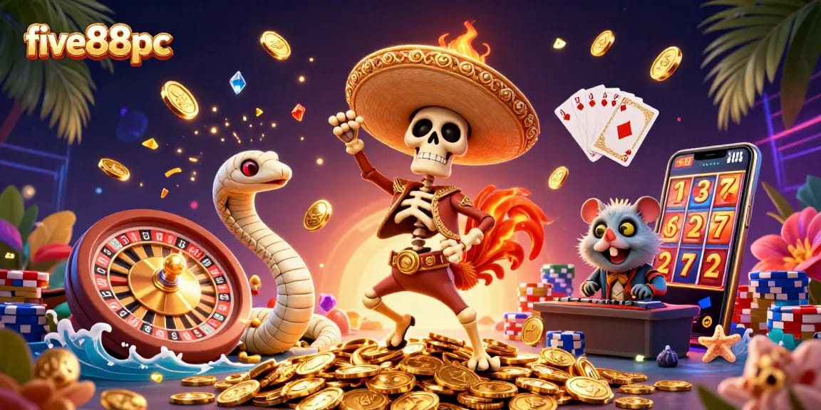 Experience the excitement at five88pc with a dynamic party scene featuring a dancing skeleton rooster and a DJ hamster.