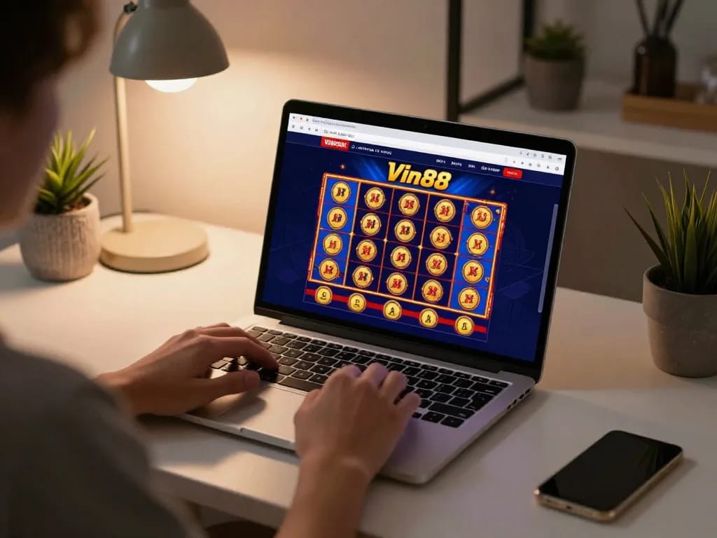 Vin88 casino interface showcased on a laptop during an online gaming session, highlighting strategic gameplay.