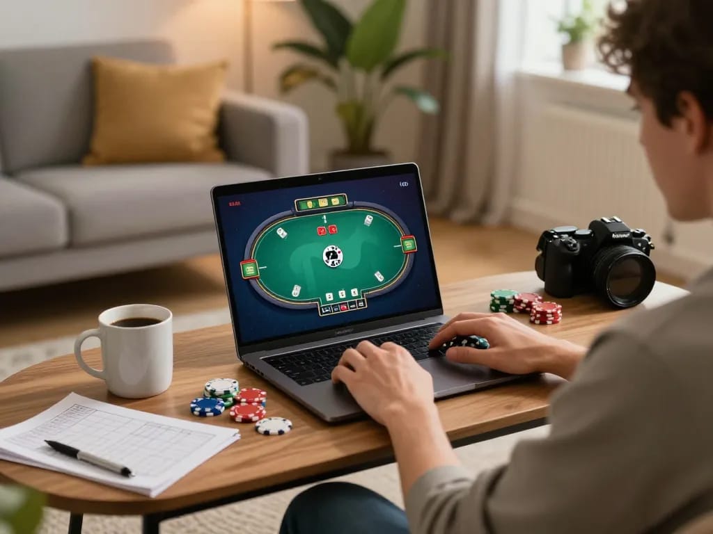 Engaged player at lucks8's online poker table, utilizing strategy notes and a vibrant gaming setup in cozy ambiance