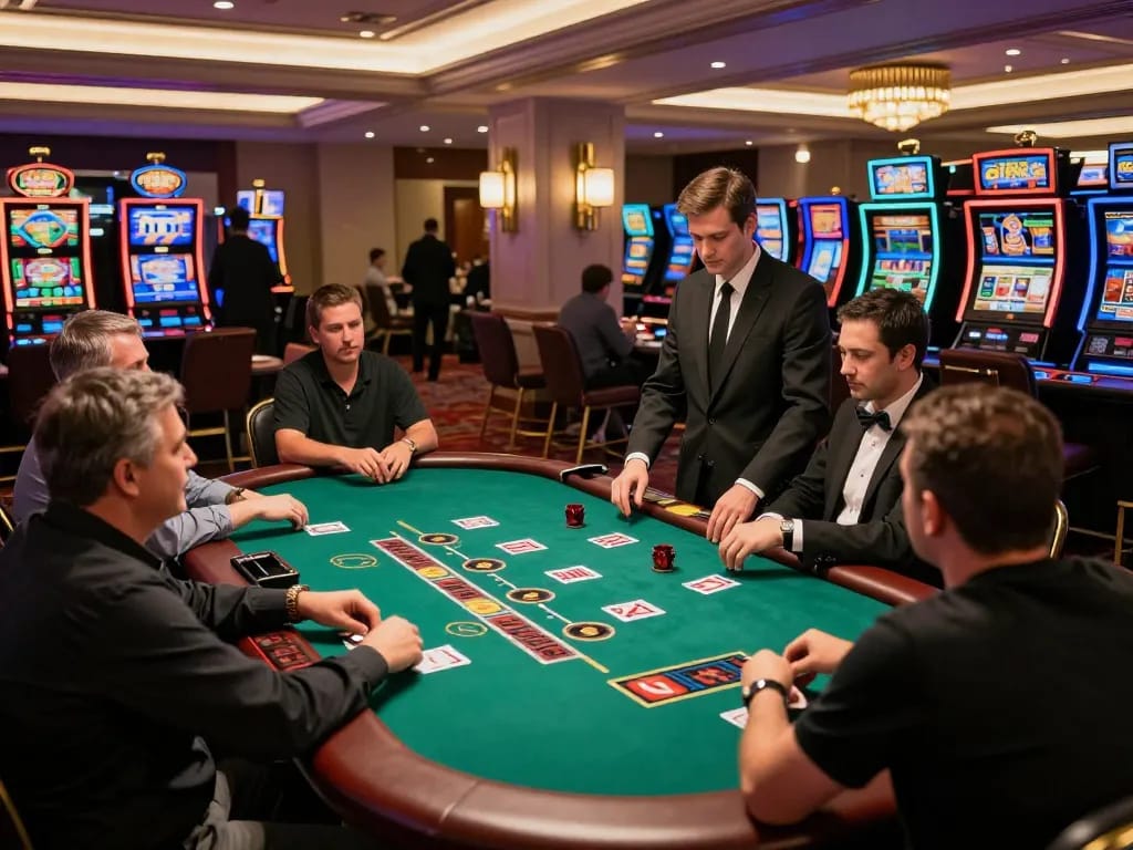 Engaging action at a blackjack table with players focused, showcasing Go 88 in a vibrant casino environment.