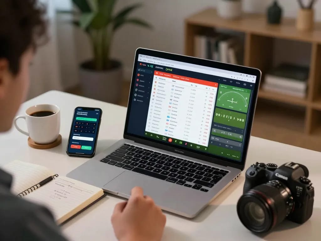 Experience FABET LIVE sports betting at home with a person strategizing using a laptop and smartphone.