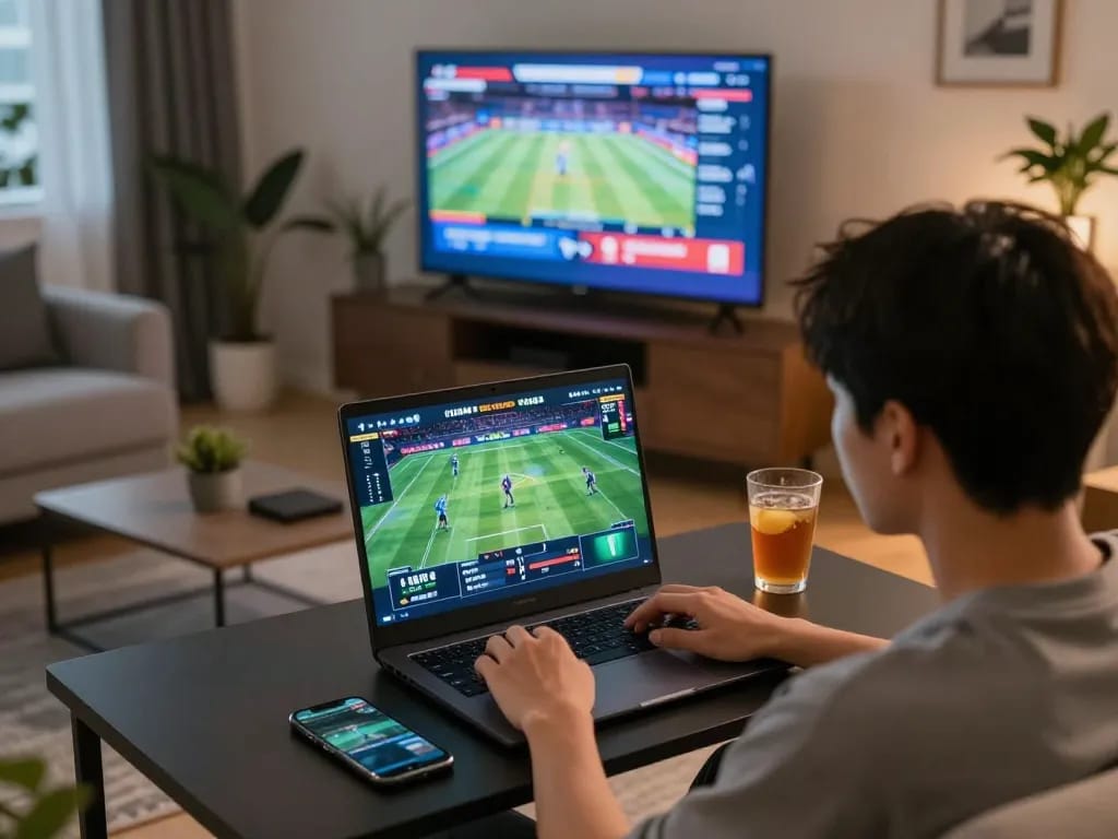 Person engaging in sports betting action through LODE88 on their laptop in a cozy home setup.